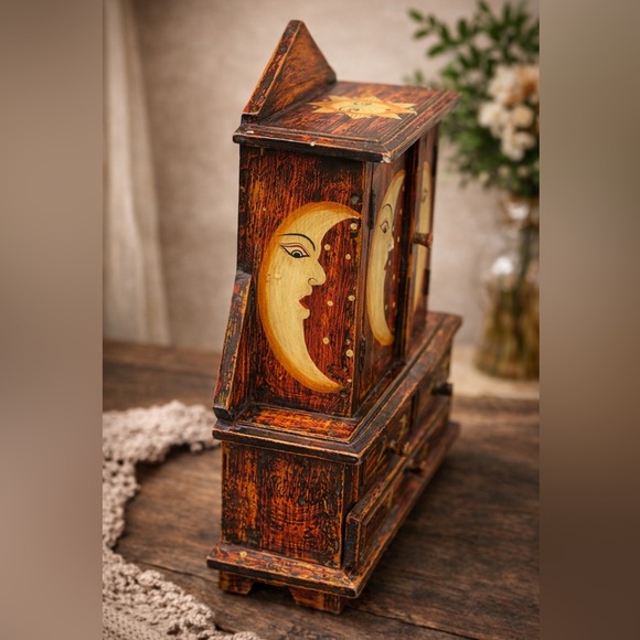 Vintage Hand Painted Sun Moon Wooden Jewelry Box Folk Art Cabinet - Picture 3 of 9